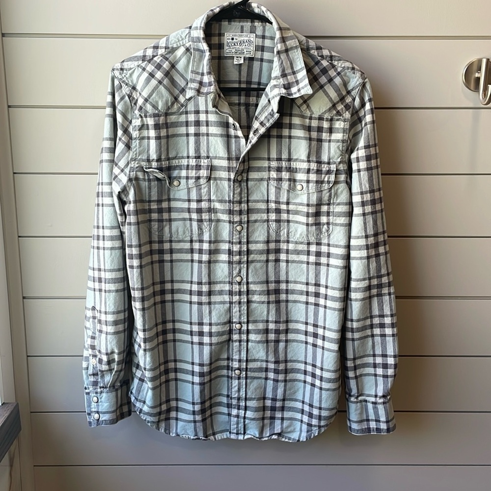 Lucky Brand Men’s Plaid Shirt - Pearl Snap - Light Blue Grey - Size Medium